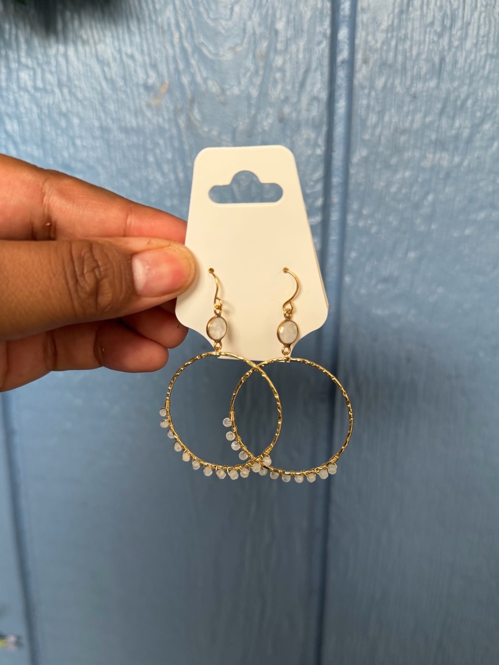 Gold Hoop Earrings with White Beads and Genuine Moonstone Accent - Women Jewelry